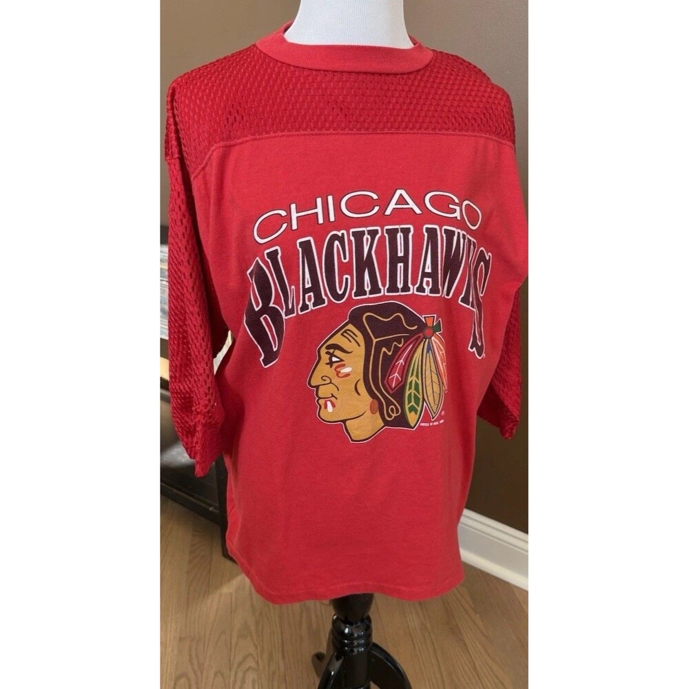 Vintage 80’s Chicago Blackhawks Artex Shirt L NHL Big Logo Mesh Sleeve USA